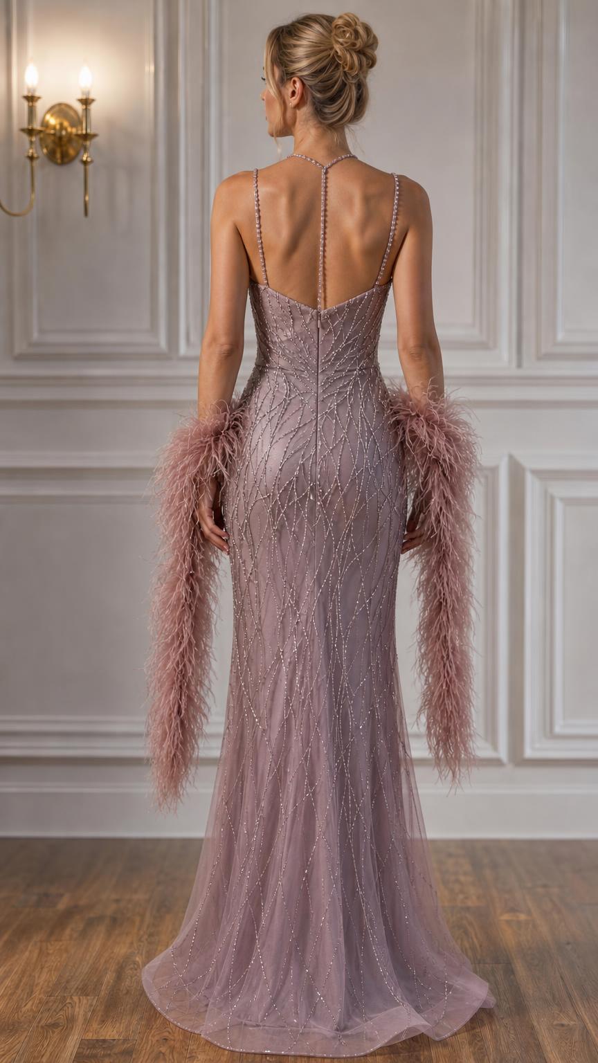 Model wearing mauve evening gown back view