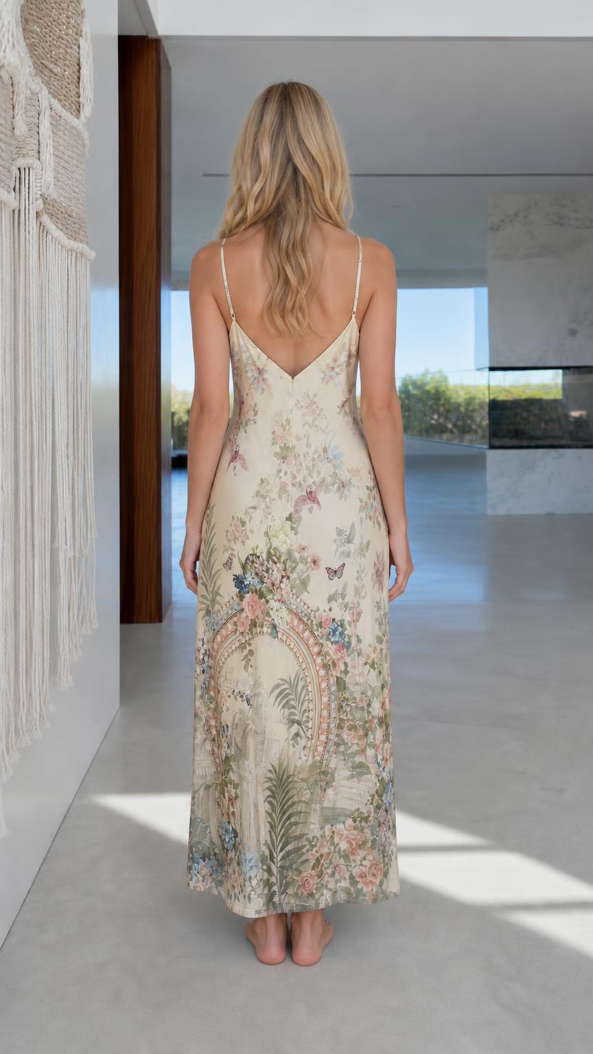 Back view of ivory floral slip maxi dress