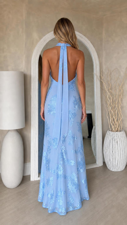 Back view of blue maxi dress showing open back and ties