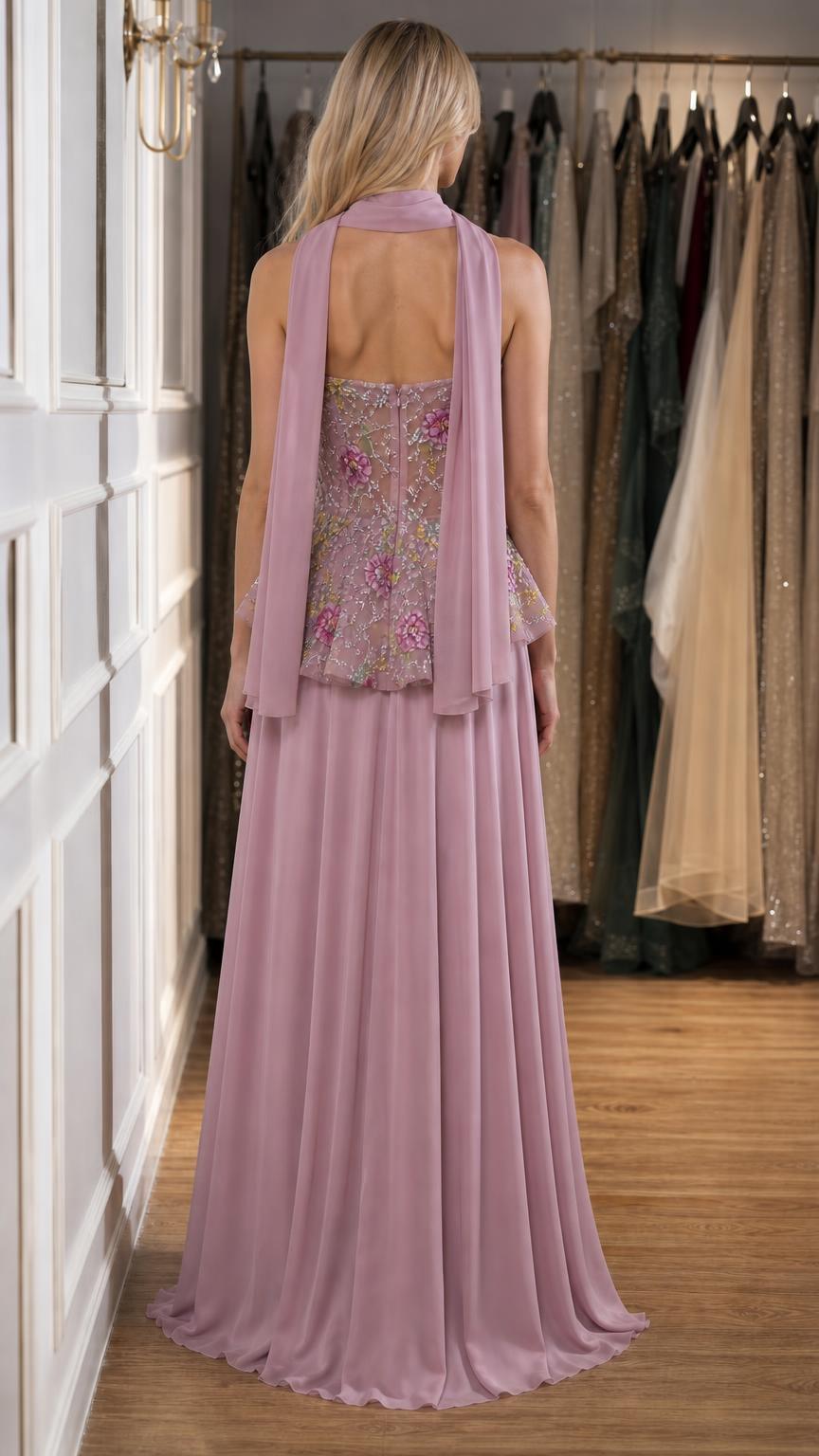 Back view of mauve gown showing flowing chiffon skirt