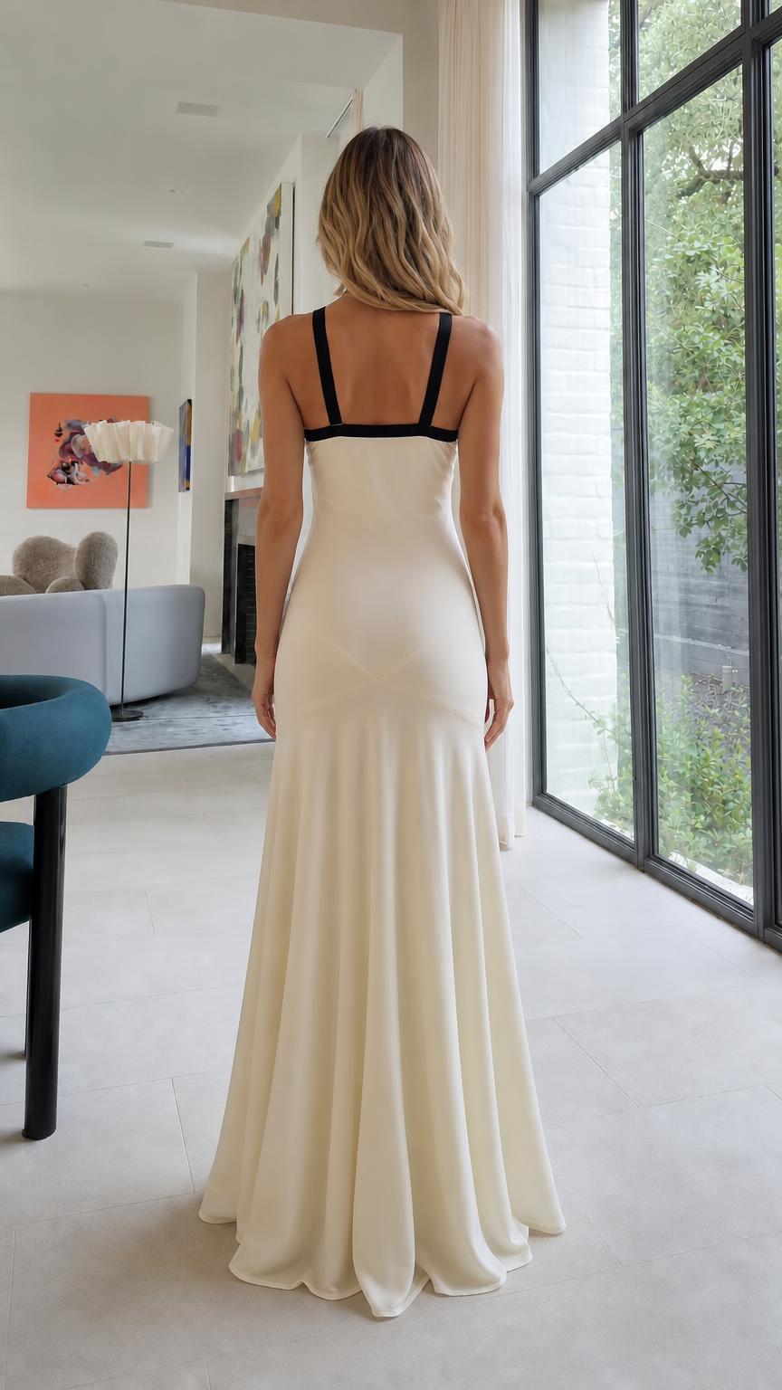 Back view of Ivory maxi dress showing open back