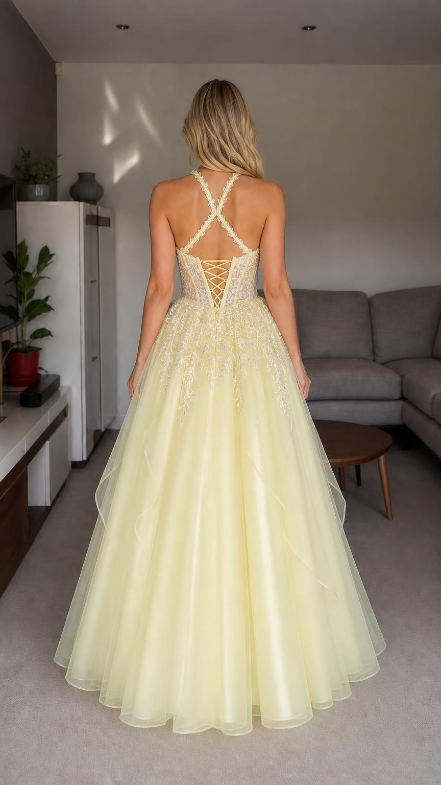 Back view of yellow halter embroidered tulle ball gown showing lace-up details