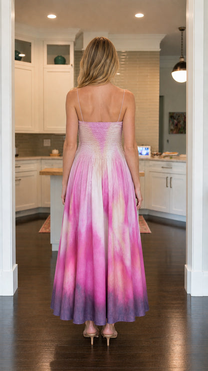Back view of model in pink ombre dress