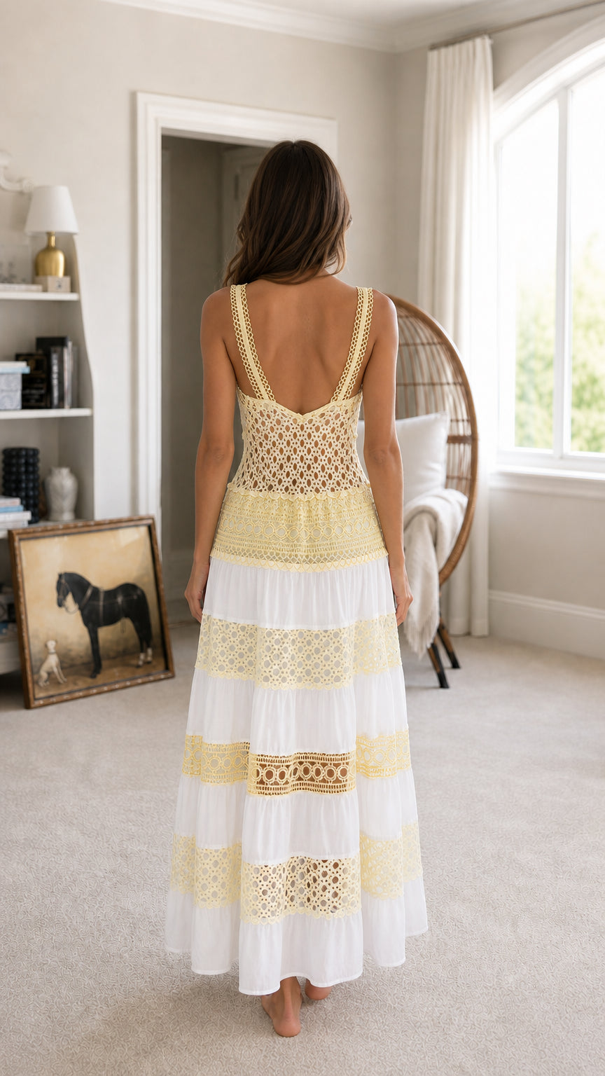 Back view of white tiered crochet maxi dress
