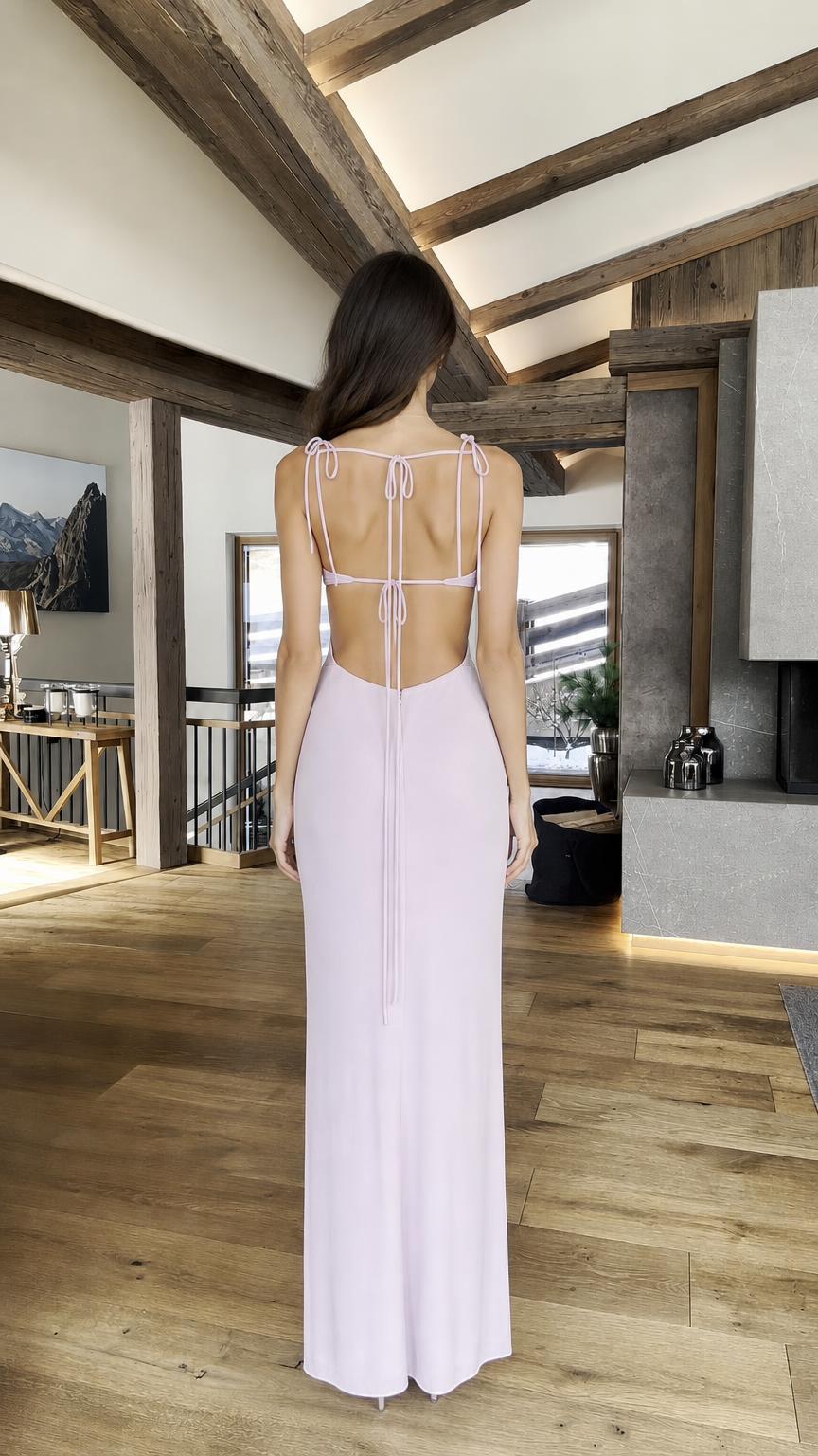 Model in lavender maxi dress back view