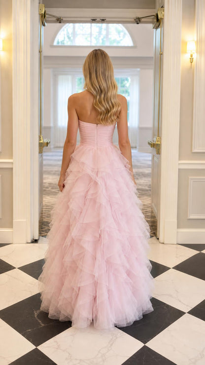 Back view of pink tiered ruffle evening dress