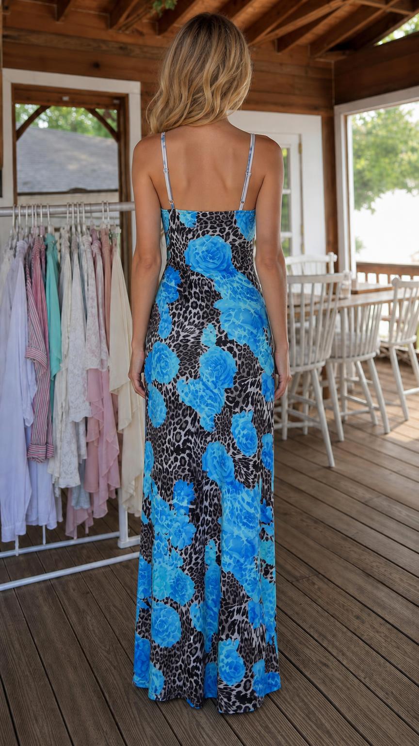 Back view showcasing thin straps and maxi length