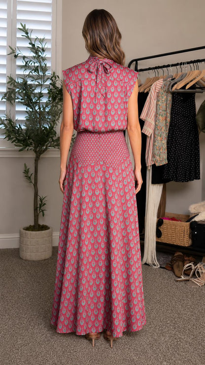 Back view of woman in pink maxi dress showing back tie detail