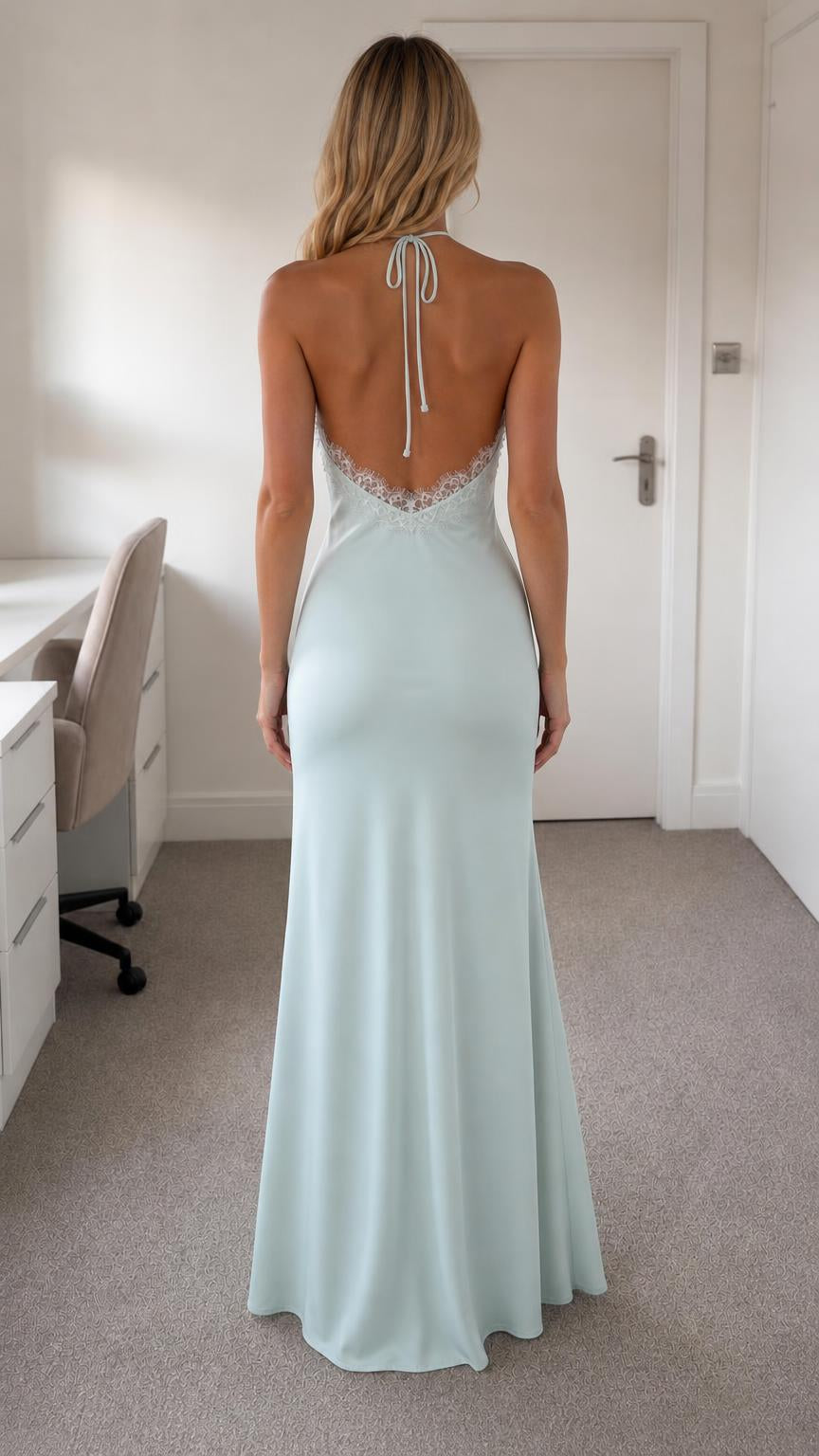 Light blue satin maxi dress back view showing open back