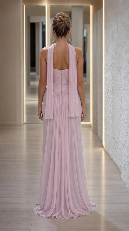 Back view of pink pleated evening dress