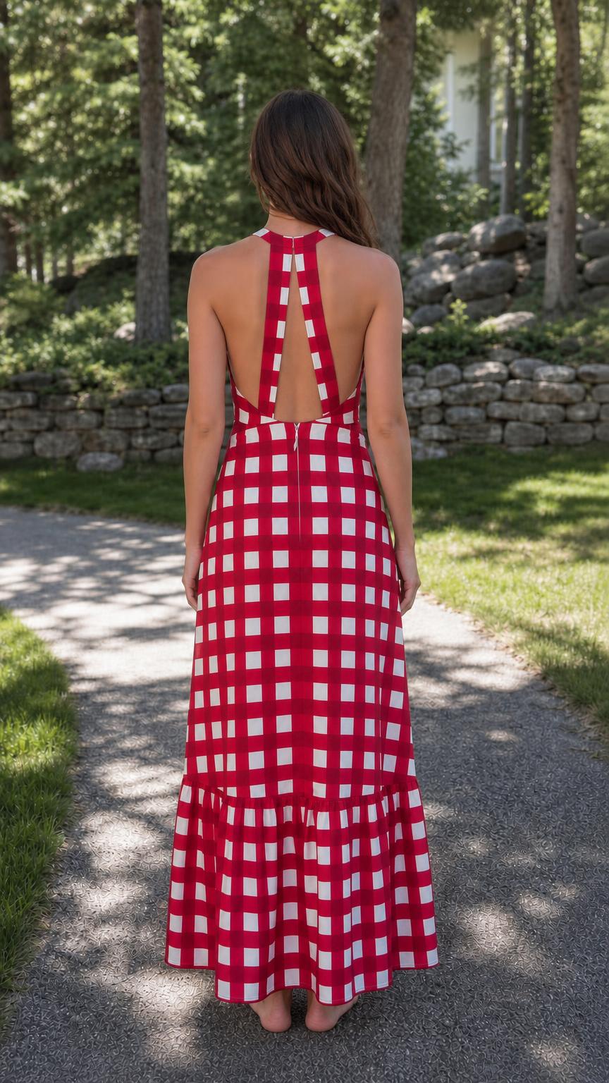 Back view showcasing halter cut and open back detail