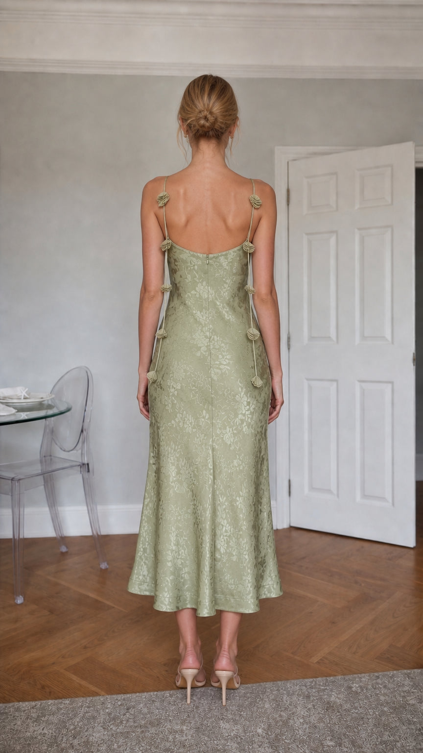 Sage Green satin midi dress back view