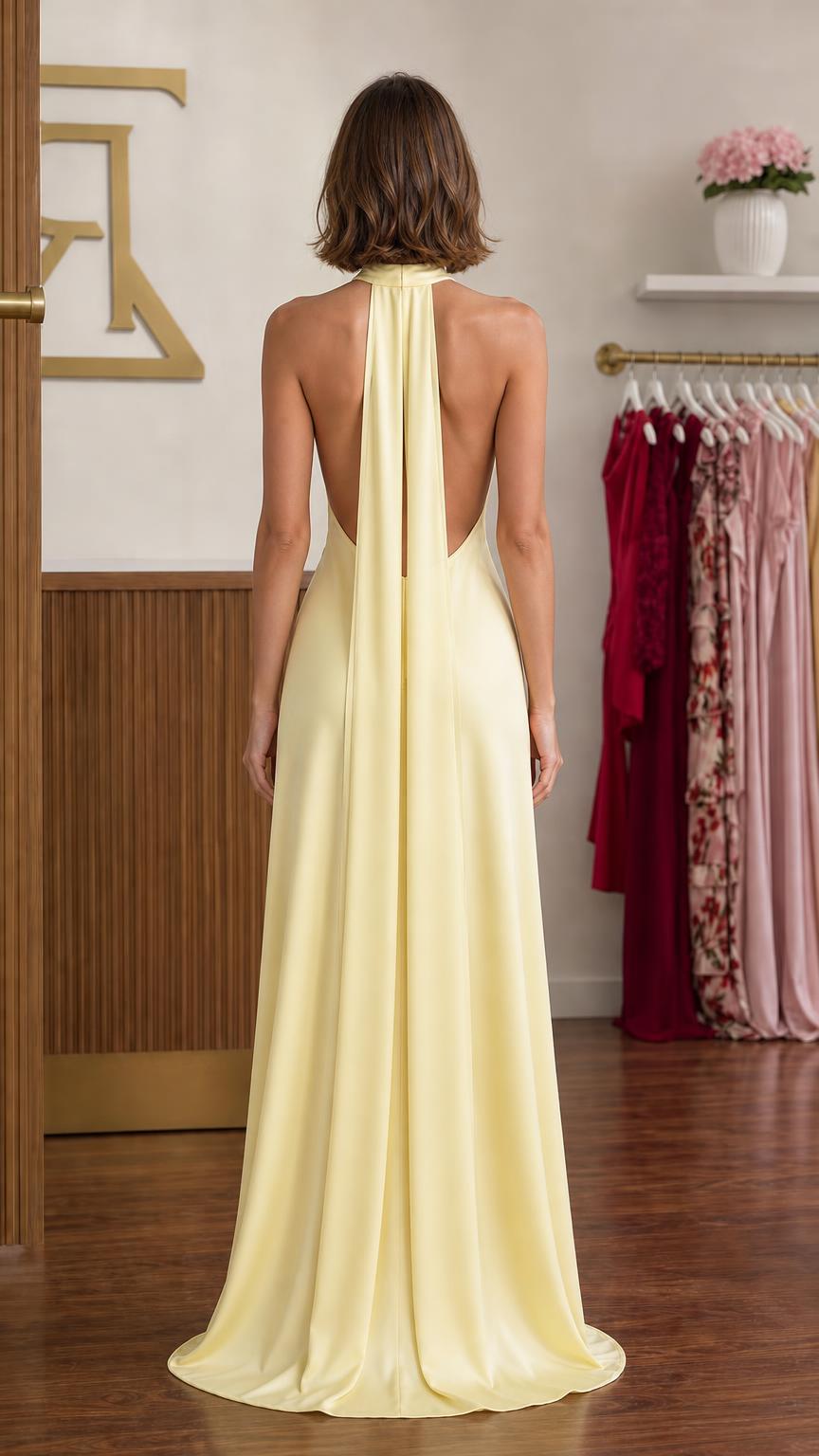 Back view showcasing the open back drape of the yellow maxi dress