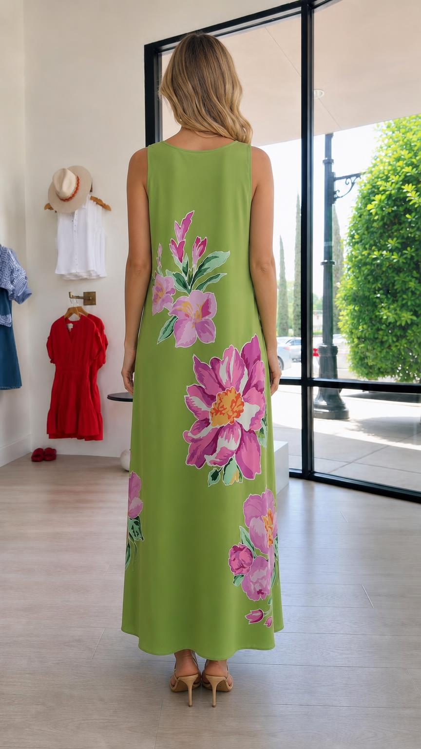 Back view of green floral maxi dress showing rear print placement
