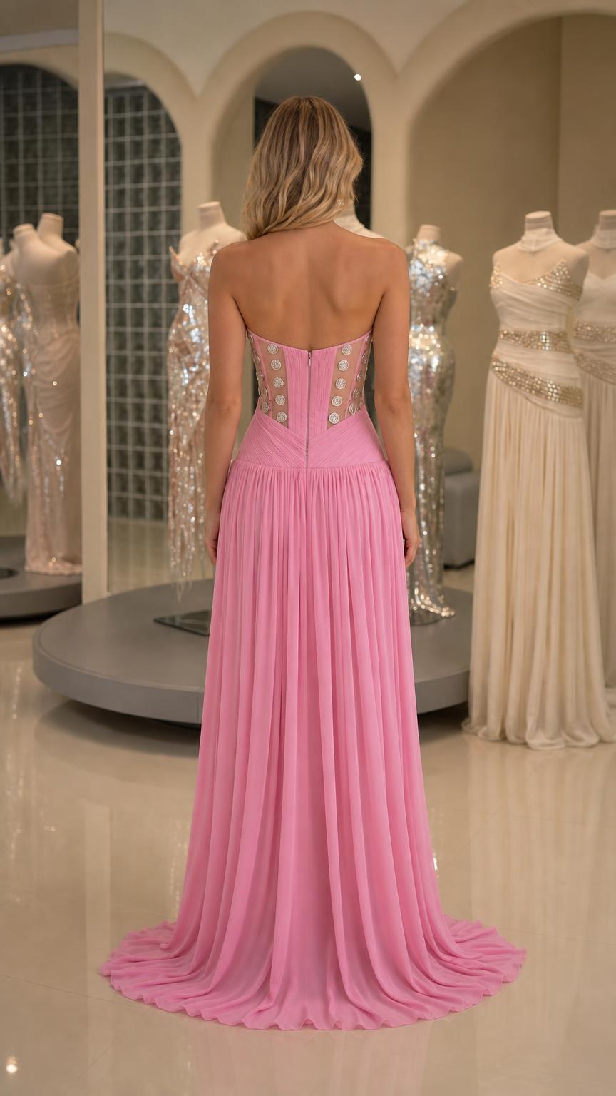 Back view of pink formal gown with subtle train