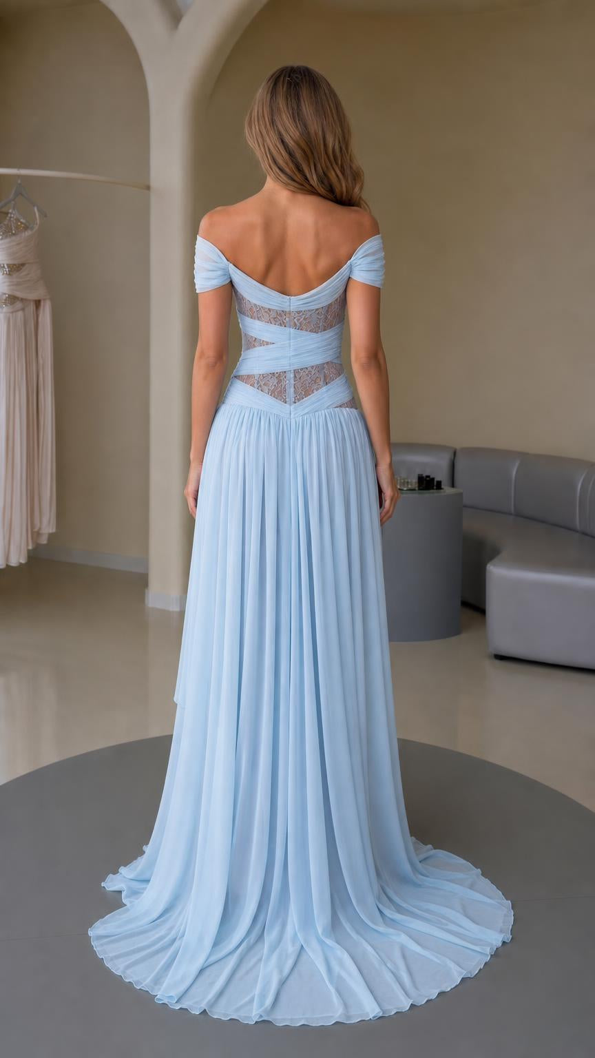 Back view of light blue maxi dress showing back lace detailing
