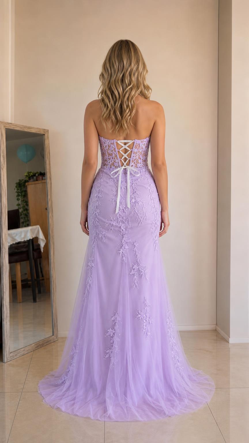 Back view showing corset lacing on lavender evening gown