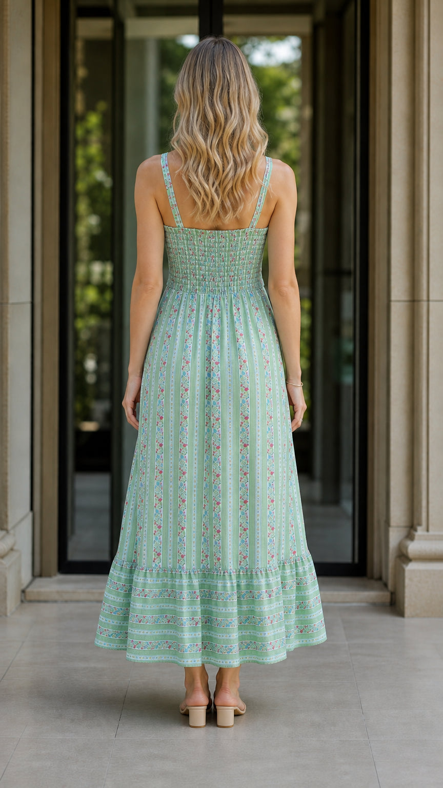 Back view of green floral striped maxi dress showing smocked bodice