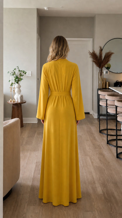 Back view of model in yellow maxi wrap dress