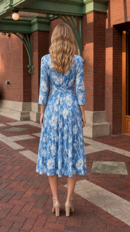 Back view of model in blue floral pleated midi dress