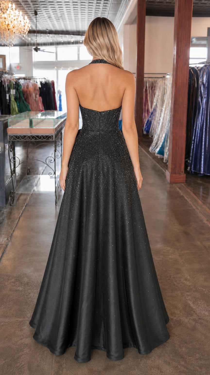 Back view of black glitter halter evening gown