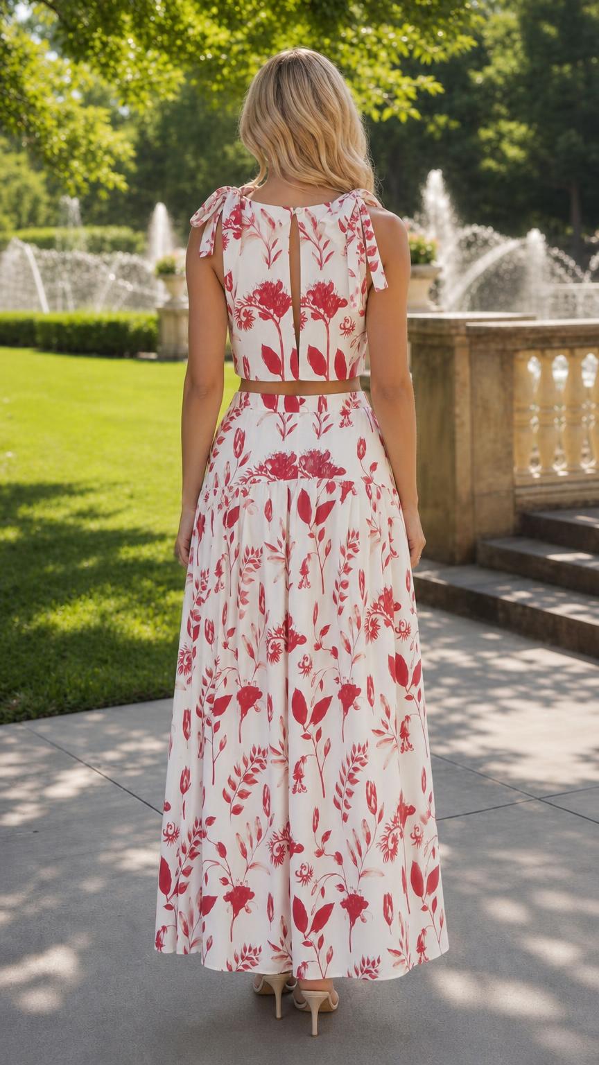 Back view of woman wearing white floral two-piece set with tie shoulders