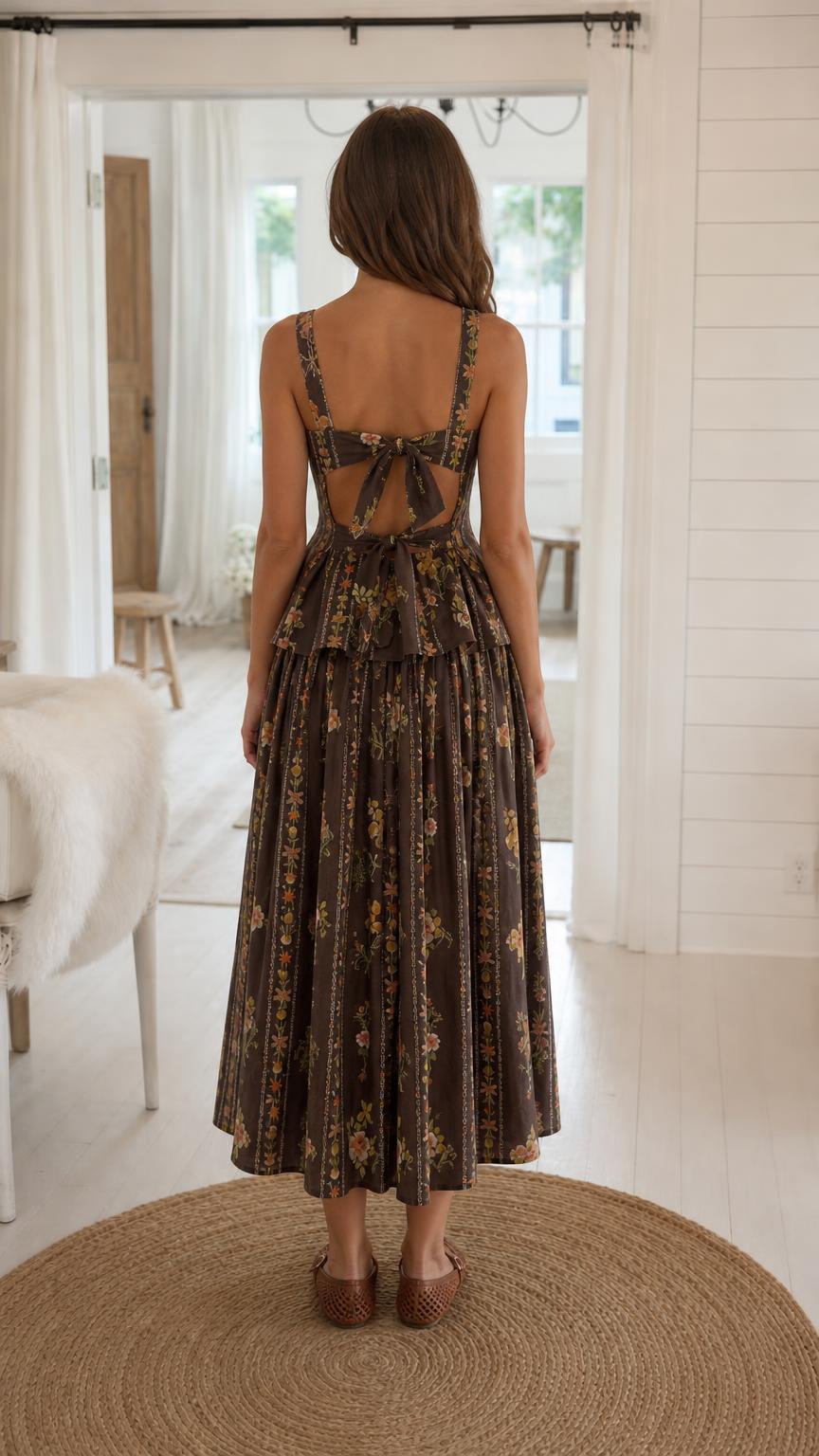 Back view of model showcasing tie-back detail on brown floral top