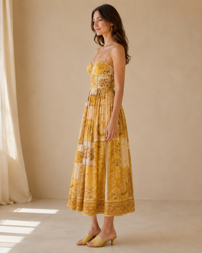 Golden yellow printed spaghetti strap midi dress side view