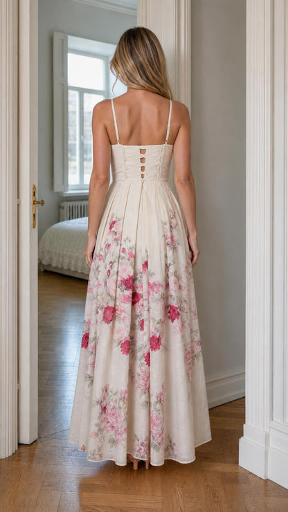 Back view of off-white floral maxi dress showing button details