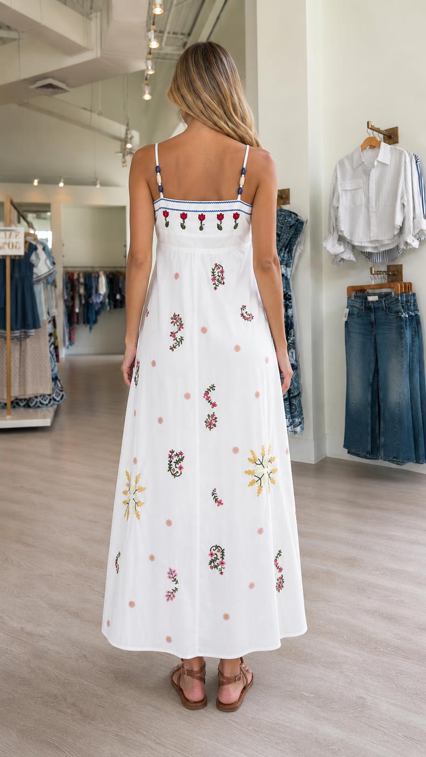 Back view of the white floral embroidered maxi dress