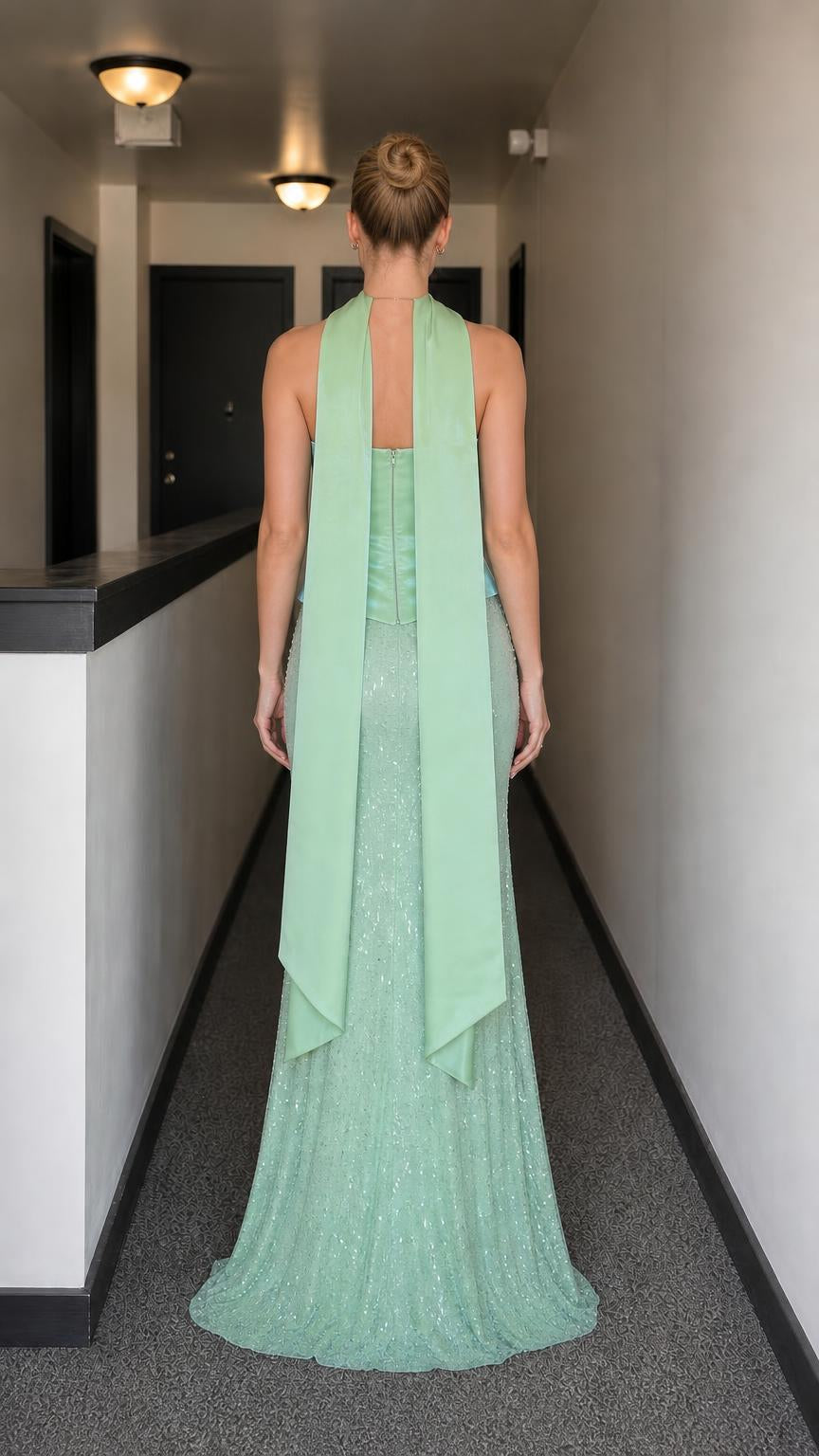 Back view of model showing draped scarf detail on sage gown