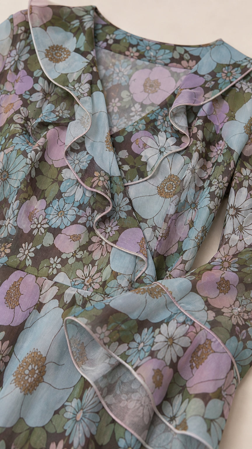 Close-up detail of ruffle neckline and floral fabric