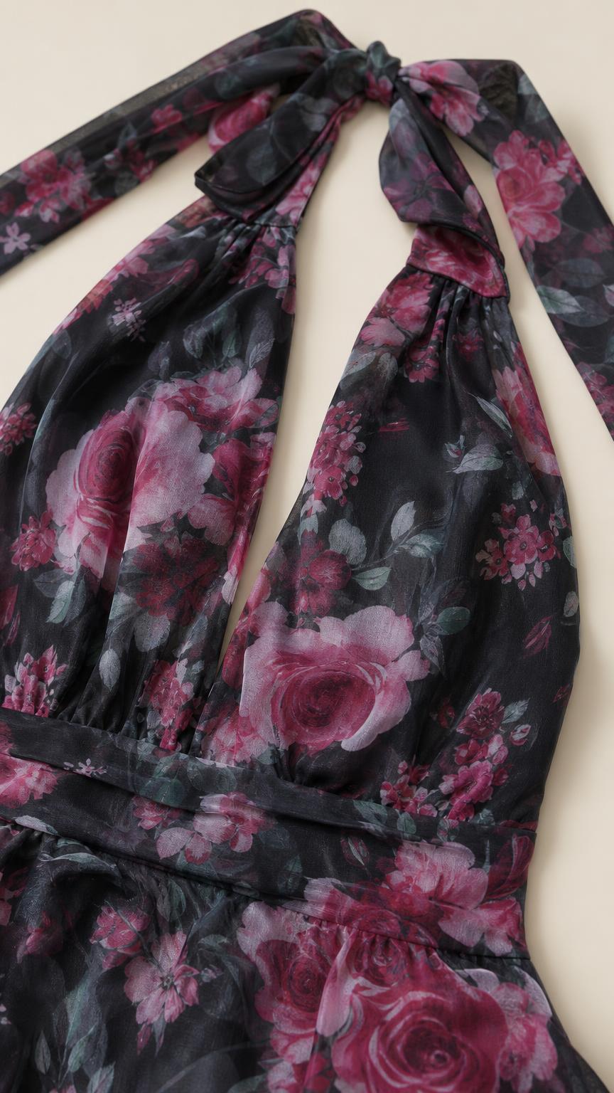 Close-up detail of halter neckline and floral chiffon fabric