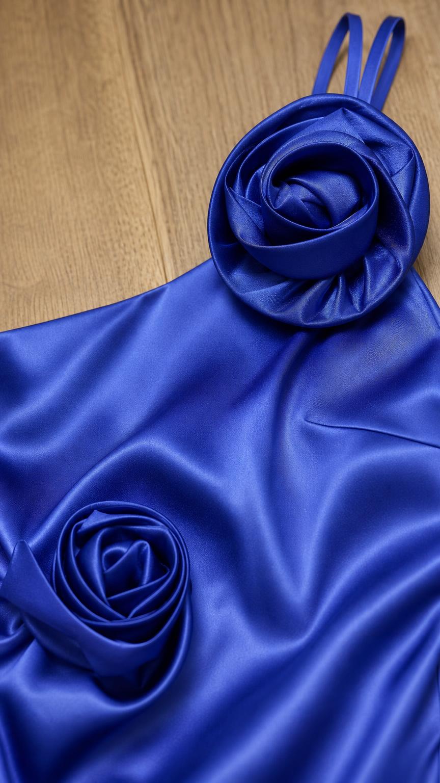 Close-up of fabric texture and rosette appliques on royal blue dress