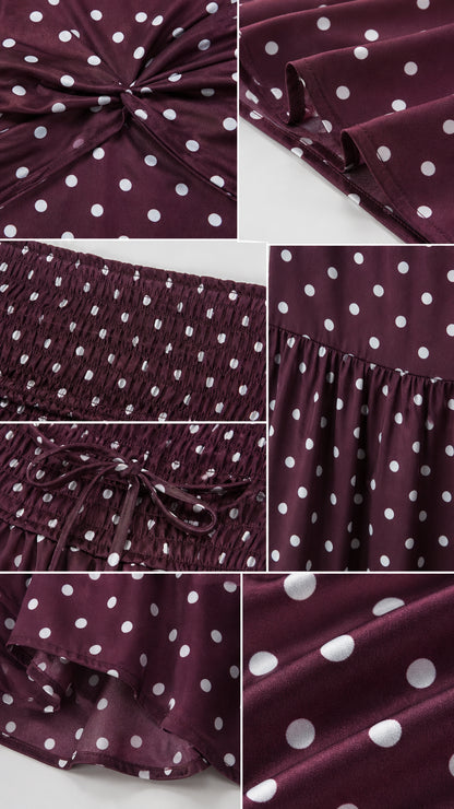 Close-up details of fabric, smocking, and polka dot pattern