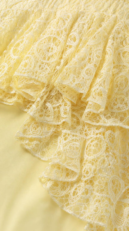 Close-up detail of yellow lace layered fabric texture
