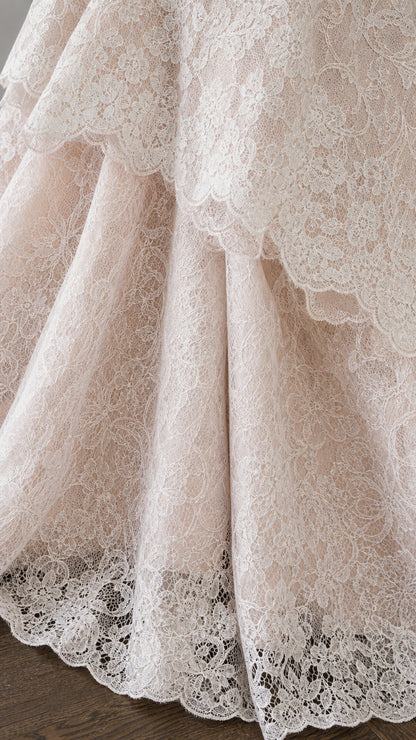 Close up detail of layered scalloped lace hem
