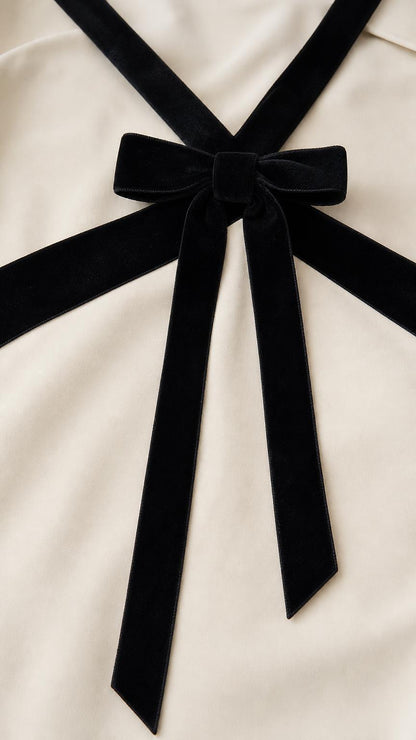 Close-up of contrast black bow and halter trim detail