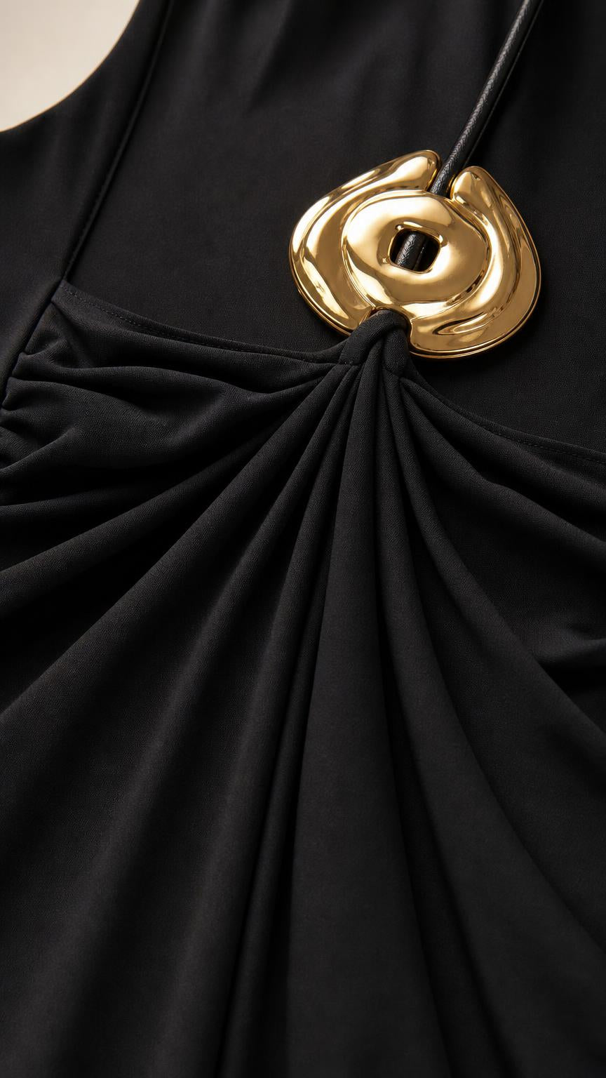 Elegance Backless Maxi Dress with Gold Ring Detail