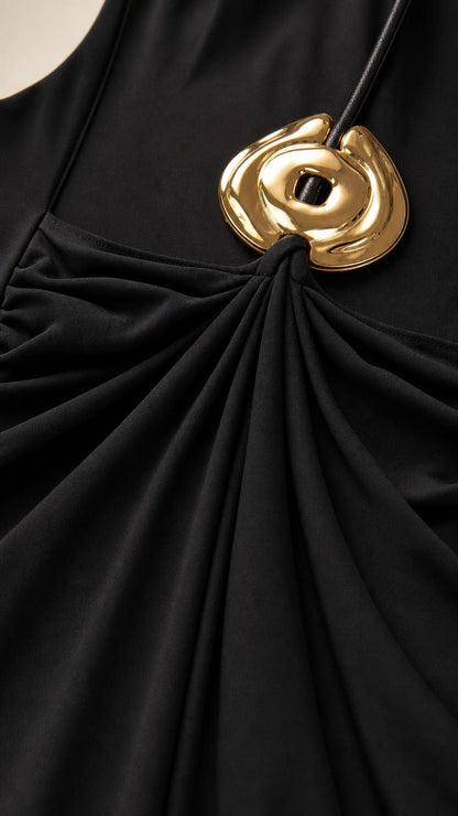 Elegance Backless Maxi Dress with Gold Ring Detail