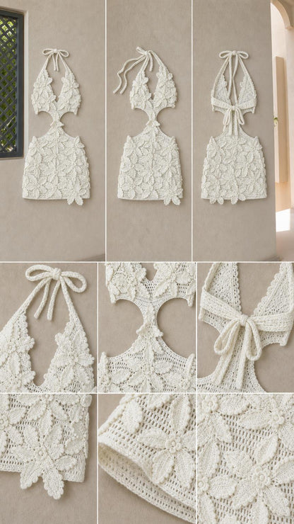 Detailed close-ups of crochet fabric texture, straps, and floral appliques