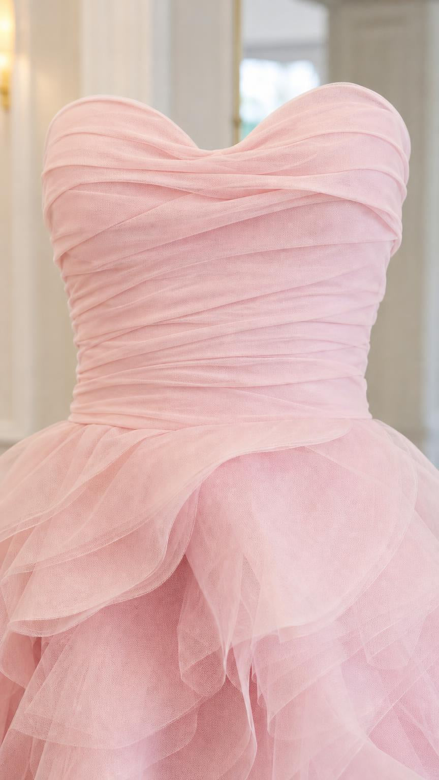 Close up of ruched sweetheart bodice and tulle ruffles
