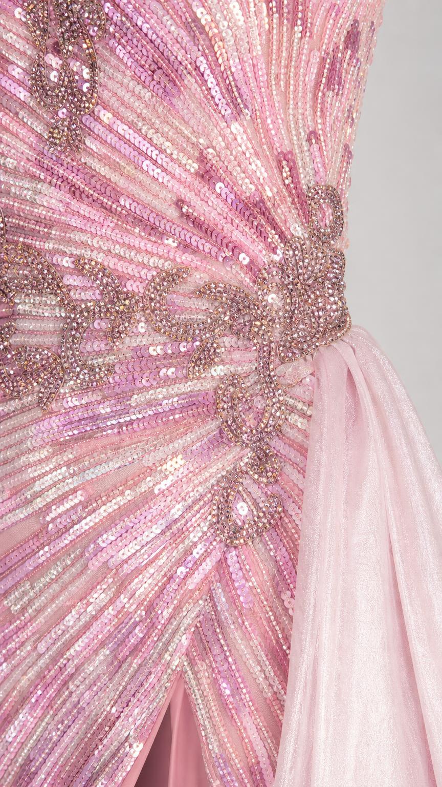 Close-up detail of bodice sequin and bead embellishments in pink