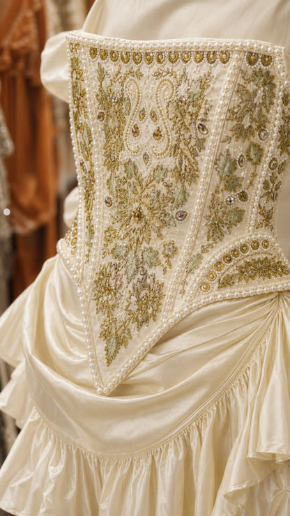 Close-up of embroidered bodice and pearl embellishments