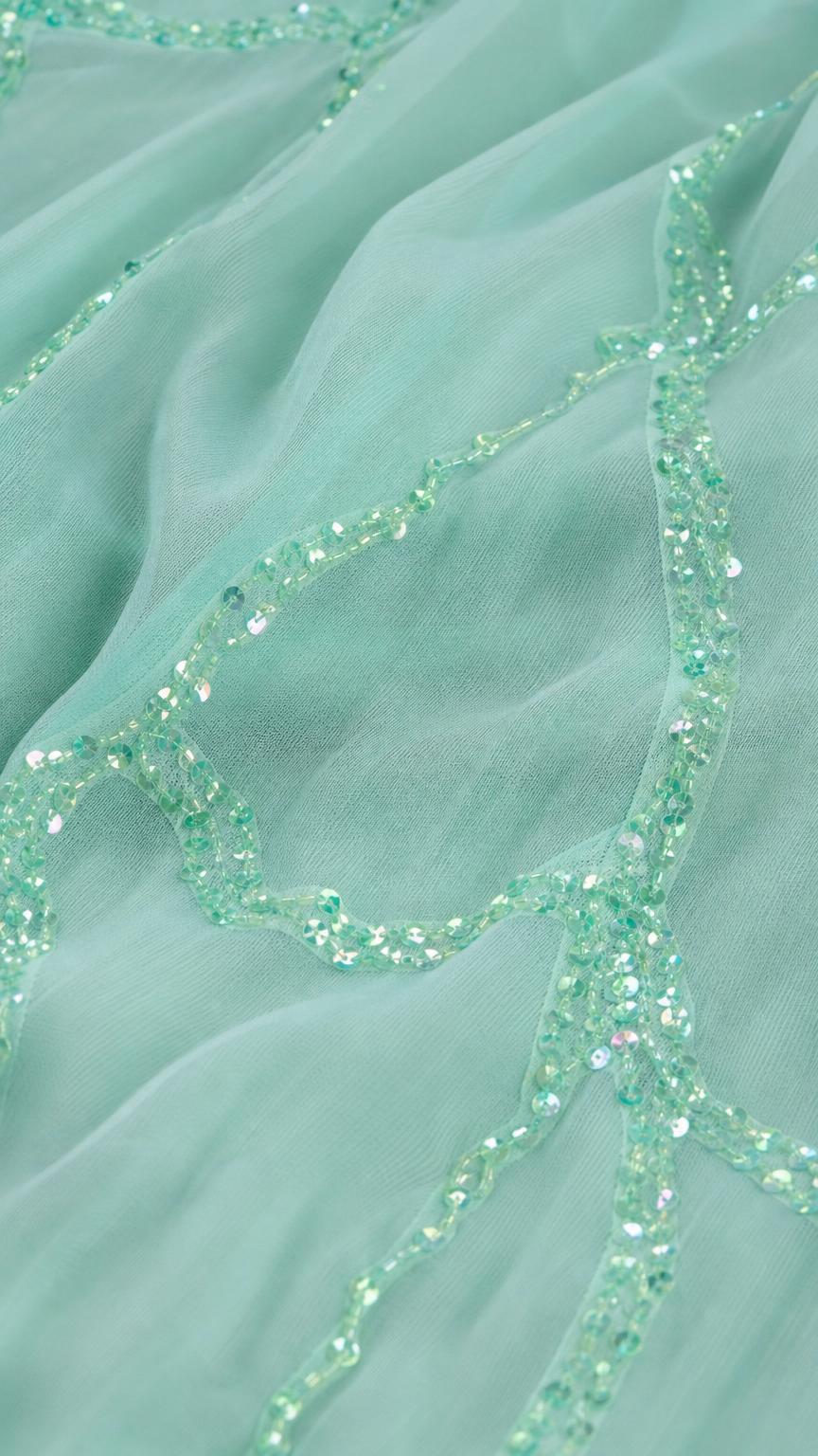 Close-up detail of mint sequin embroidery on fabric