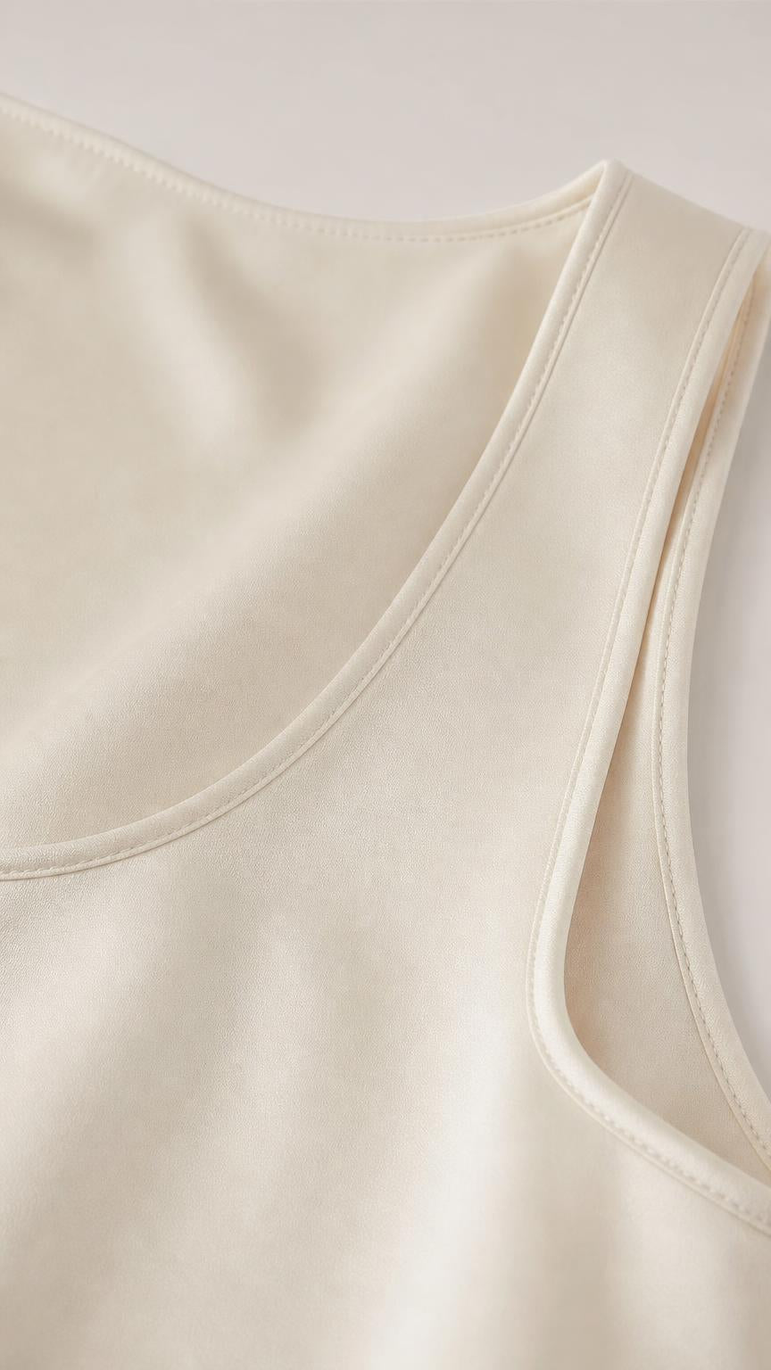 Close-up of scoop neckline and fabric texture in ivory