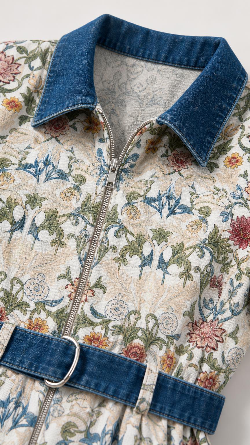 Close-up detail of denim collar, front zipper, and matching belt