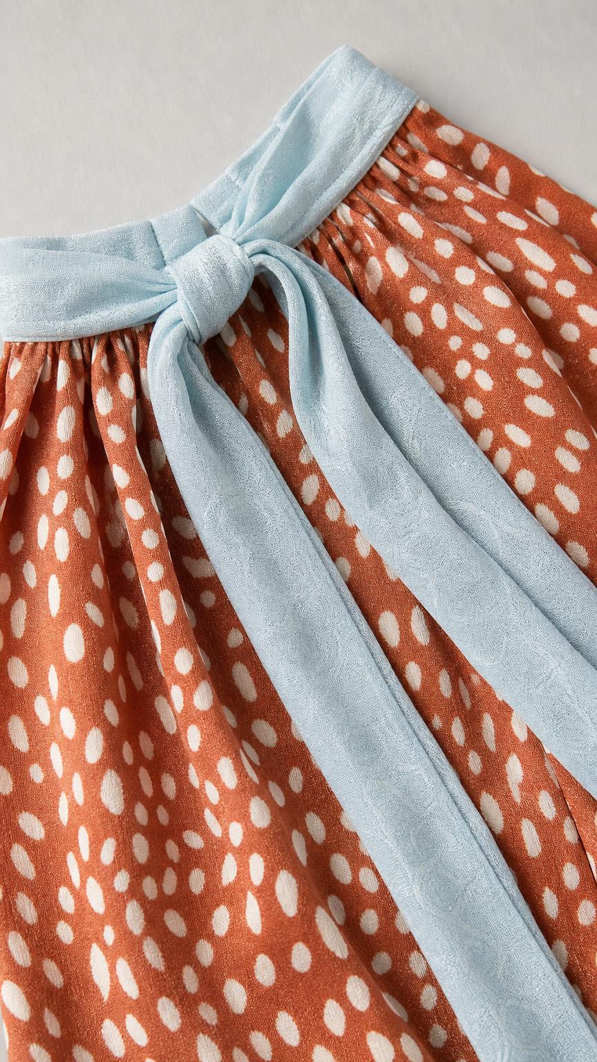 Close-up of fabric print and tie detail on rust orange dress