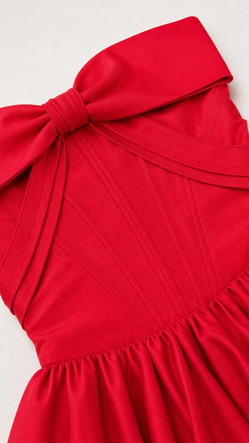 Close-up detail of the structured bodice and bow on the red dress