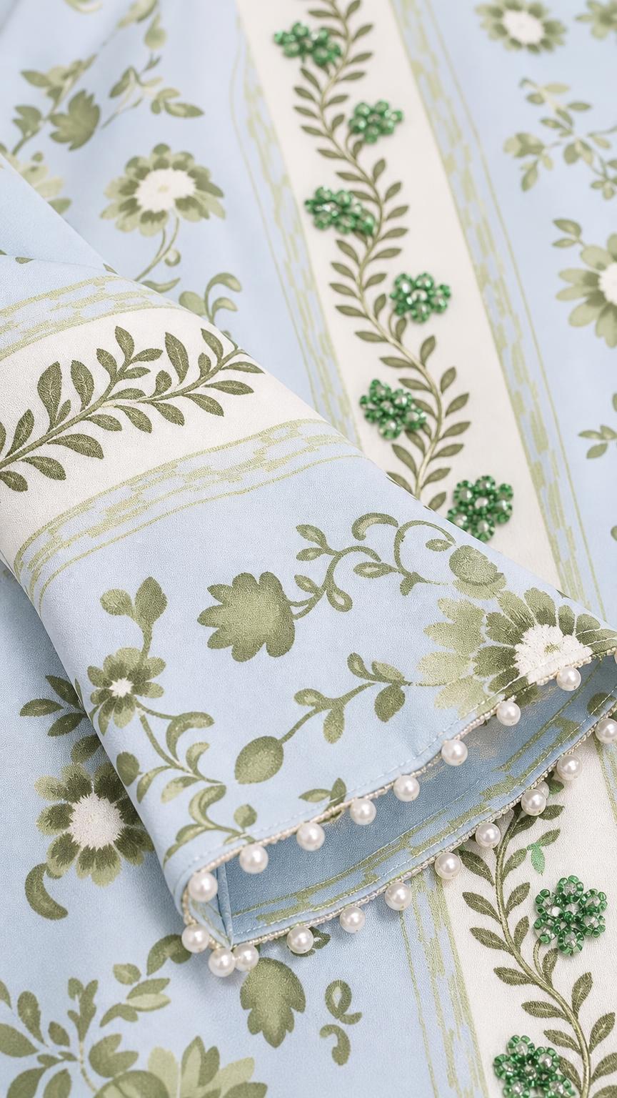 Close-up of fabric, embroidery, and pearl trim